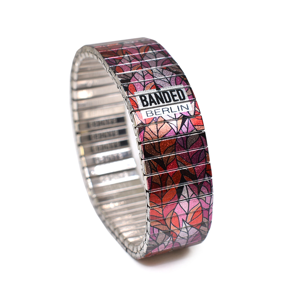 Rosa- Stained glass Leaf 18mm A stained glass inspired repetitive multi-coloured leaf design. Wear the seasons around your wrist  © 2020, Banded-london