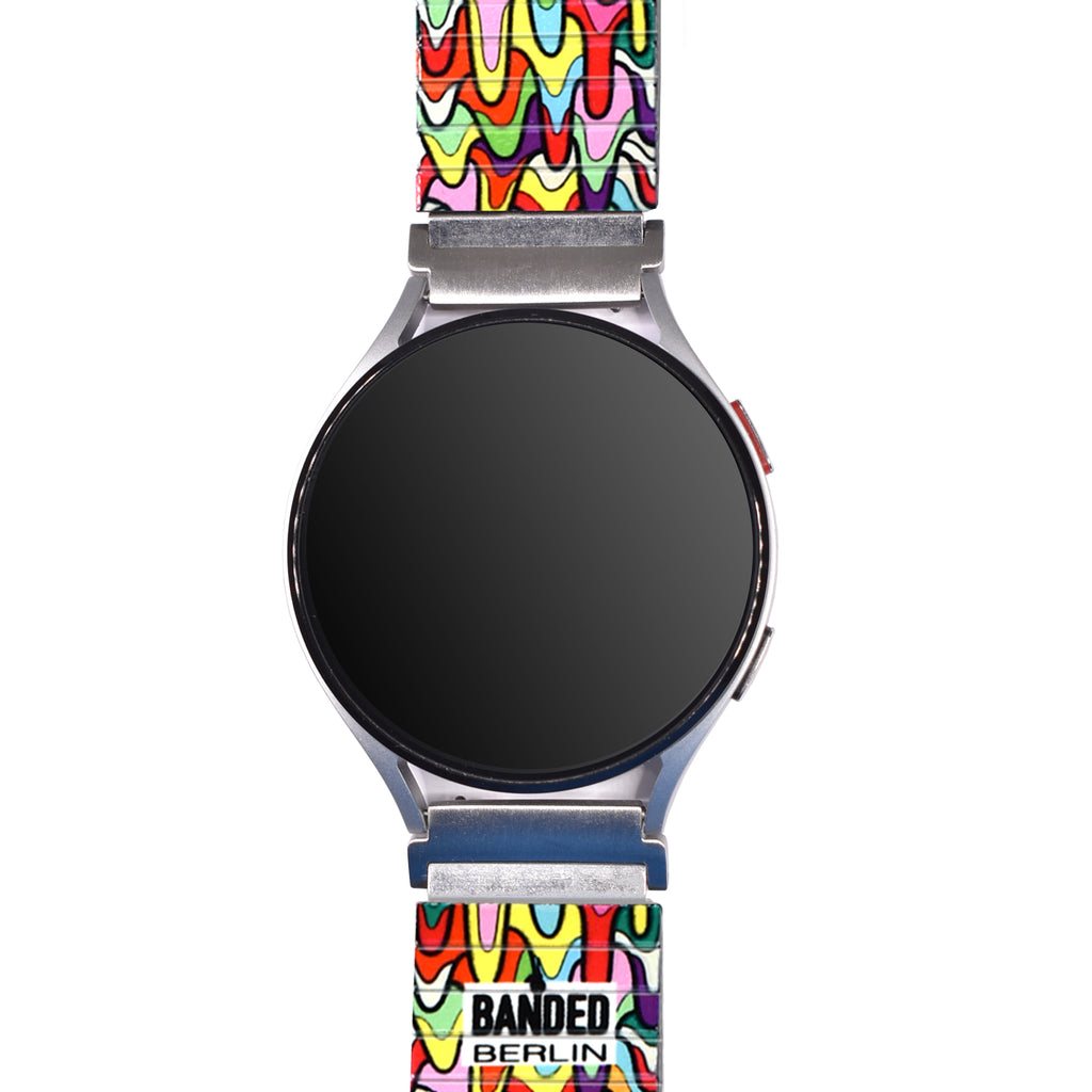 Drip - Rainbow - Banded™️ for Smart Watch -  Classic Finish  A cornucopia  of running color, this piece brings us back to the good ol days of being an art school dropout. Pushing paint resonates with anyone whosever picked up a brush. It's time to wear that pallet around your wrist. 
