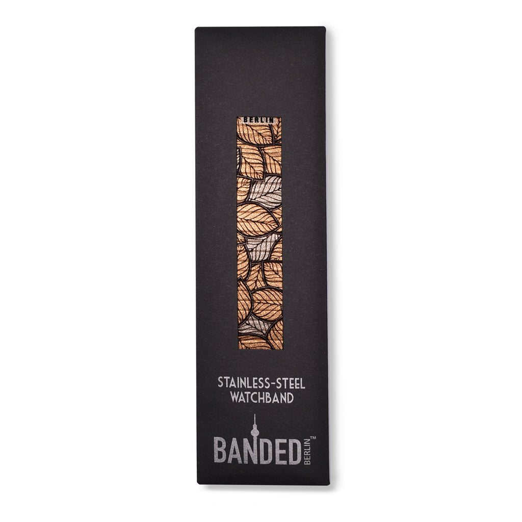 Petaluma Peach - Stained Glass Leaf - Banded for Applewatch Metallic Finish  Eine Variante unseres „Stained Glass Leafs“- Designs, das wir der Schönheit der Natur gewidmet haben. „Petaluma Golden Peach“ fängt in acht verschiedenen Farbkombinationen die Magie der Jahreszeiten ein. 