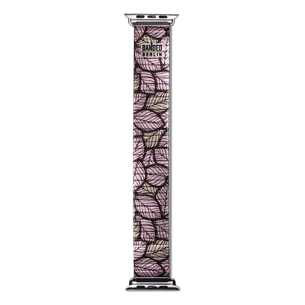 Calistoga Rose - Stained Glass Leaf - Banded for Applewatch Metallic Finish Eine Variante unseres „Stained Glass Leafs“- Designs, das wir der Schönheit der Natur gewidmet haben. „Calistoga Rose“ fängt in acht verschiedenen Farbkombinationen die Magie der Jahreszeiten ein. 