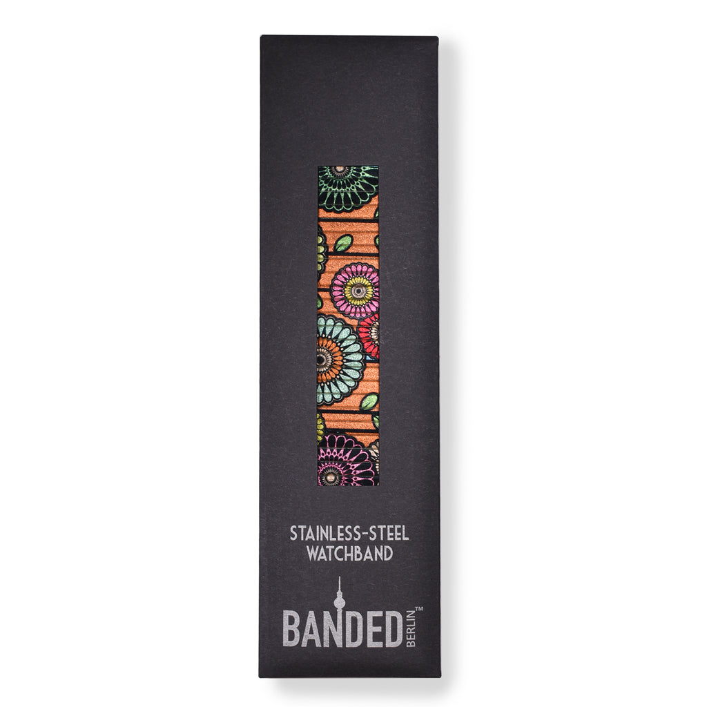 Flora Atomica - Jardin de Tulipes - Banded™️ for Smart Watch - Metallic Finish  Ein Strauß in Pariser Farben mit einem funkelnden Hintergrund in Orange. Eine Hommage an unseren Lieblingspark im Herzen von Paris, den Parc des Buttes-Chaumont.