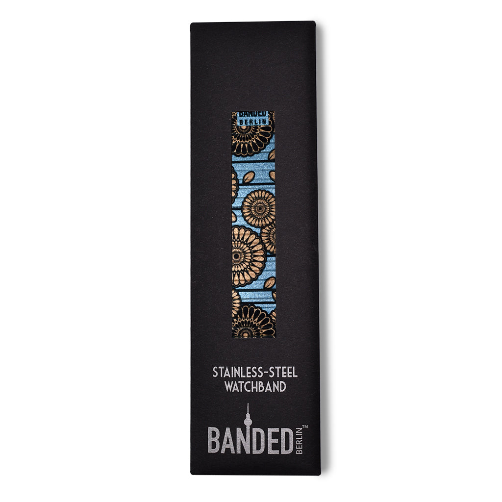 Flora Atomica - Belmondo´s Pajama  for Apple Watch - Metallic Finish Florale Ammoniten in der Farbe von goldenen Pfirsichen auf Saphirblau. Eine Hommage an den jungen Jean-Paul Belmondo, der uns alle atemlos zurückgelassen hat.