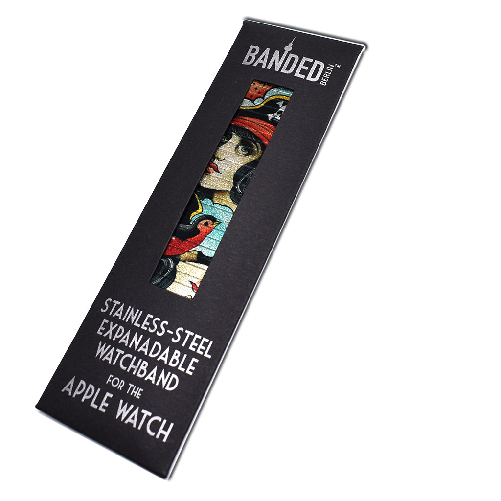 Shipwreck - Apple-watch band by Brian Kelly Metallic Finish- Limited Edition This style is a collaborative mix of original Brian Kelly tattoo flash Stainless steel, nickel free - scratch and waterproof. Hand crafted in Berlin.  © 2021, banded berlin. 